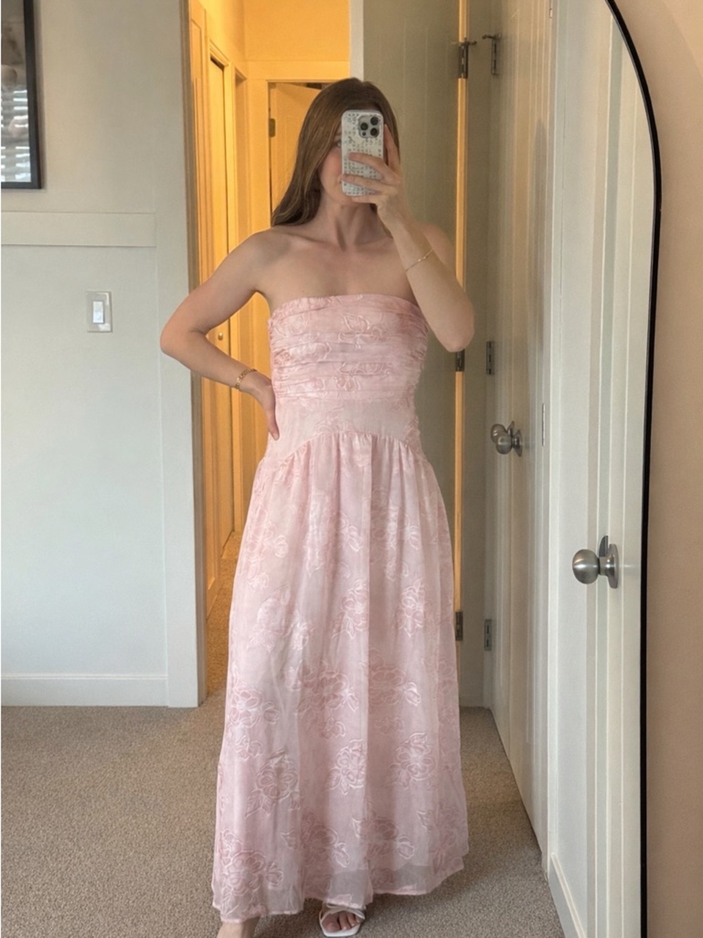 Strapless Blush Lace Midi Dress